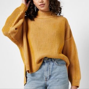 NWT Topshop Mustard Yellow Pastel Pink Cable Ribbed Knit Mock Neck Sweater